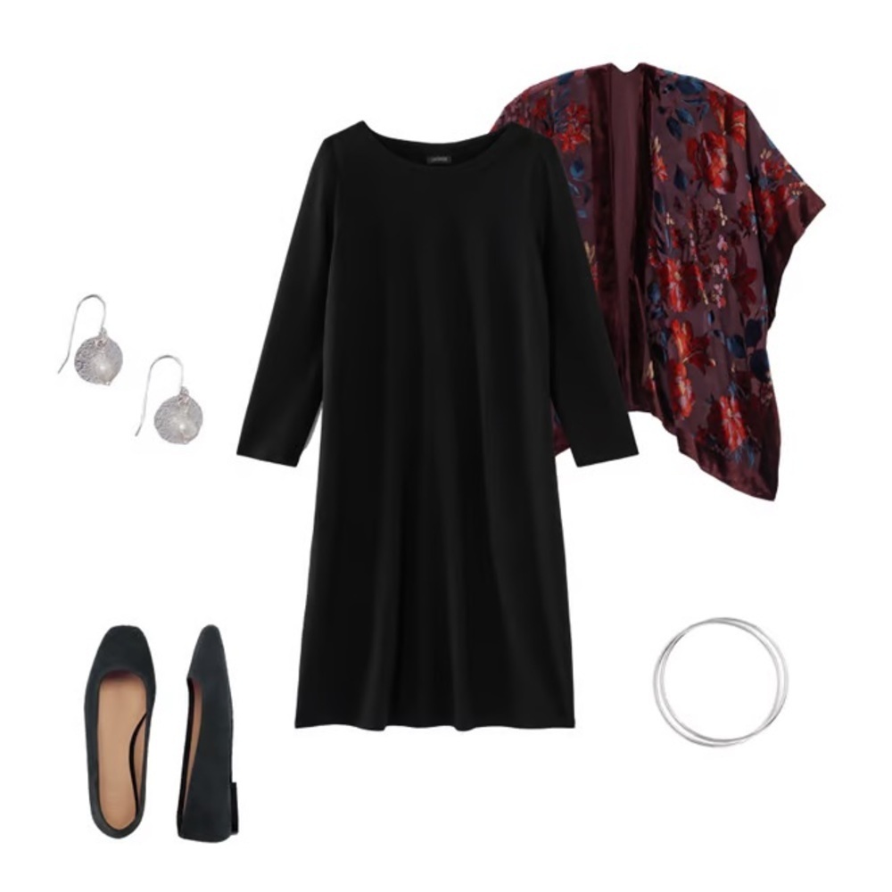 J. Jill Wearever Collection Black Front Seam Midi Dress 3/4 Sleeve Large - Picture 2 of 8
